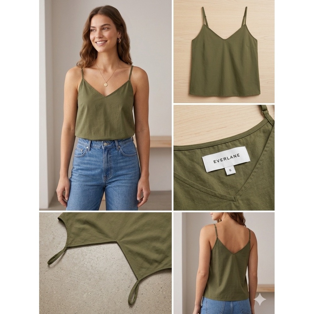 Everlane Camisole Women Size 14 Olive Green V-Neck Cotton Poplin Minimalist Top
